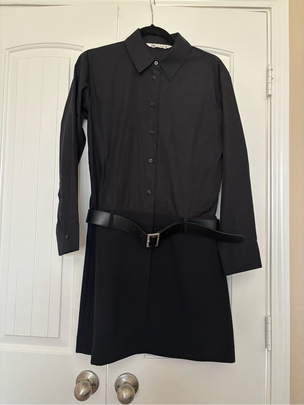 Zara Black Long-Sleeve Shirt Dress with Belt